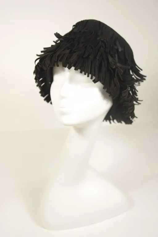 YVES SAINT LAURENT Rive Gauche Black Suede Fringe Hat Size 58