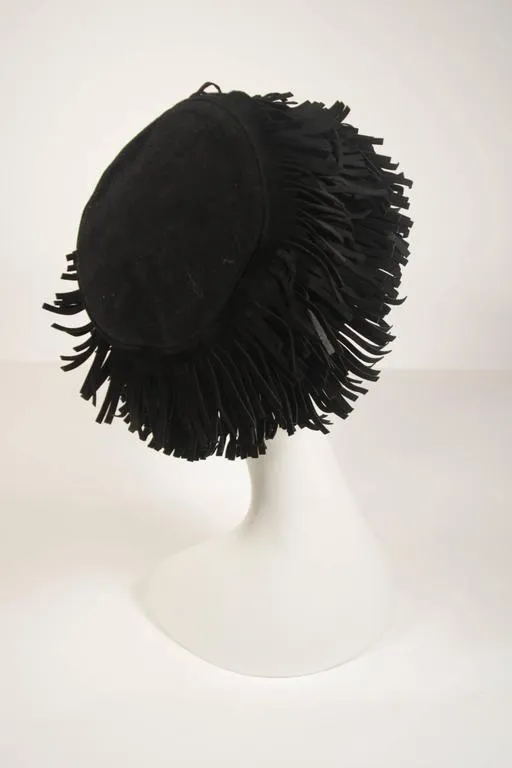 YVES SAINT LAURENT Rive Gauche Black Suede Fringe Hat Size 58