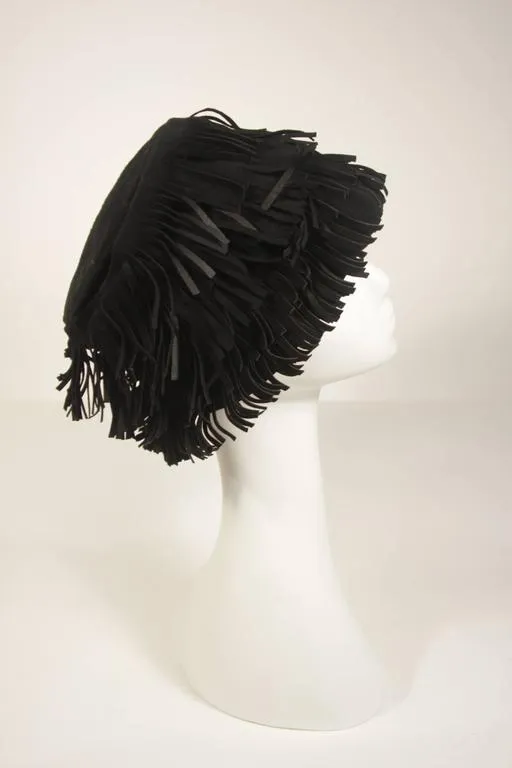 YVES SAINT LAURENT Rive Gauche Black Suede Fringe Hat Size 58