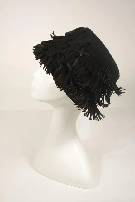 YVES SAINT LAURENT Rive Gauche Black Suede Fringe Hat Size 58